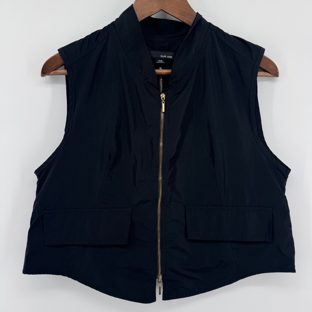 Sun Kim Zip Front Vest Womens XS Black ME123‎ Lagenlook Back Zip Mock Neck Tech